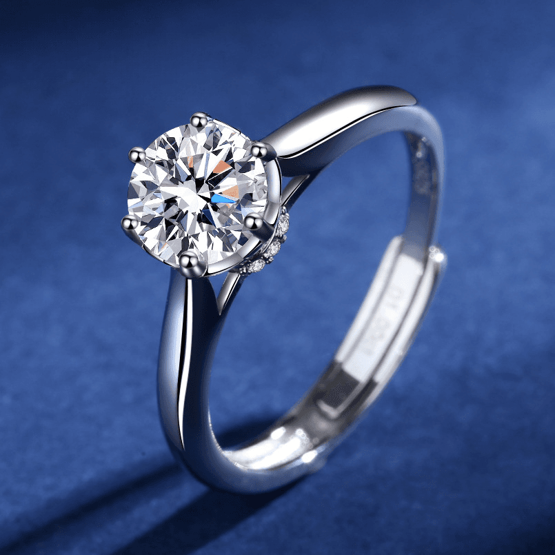 Hengli S Love Women's Six Claw Mosang Stone Ring, Female Opening Inlaid with Silver Middle Finger Ring