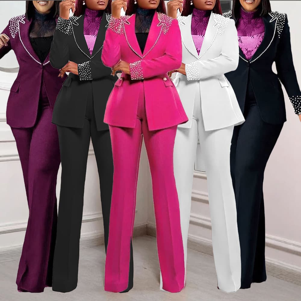 Elegant Pearl-Embellished Stretch Suit Set For Women - Slim Fit Long Sleeve Blazer & Pants - Office Wear & Formal Occasions