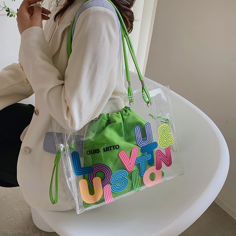Summer Large Capacity Transparent Shoulder Bag for Women 2024 New Fashionable Letter Printed PVC Women's Bag Handheld Big Bag