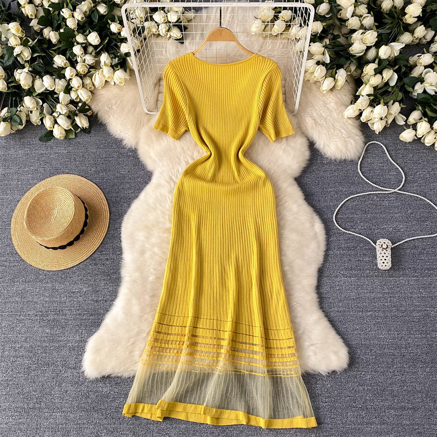 Women's clothing style light luxury high-end knitted dress for women in summer mesh splicing design niche celebrity temperament long dress