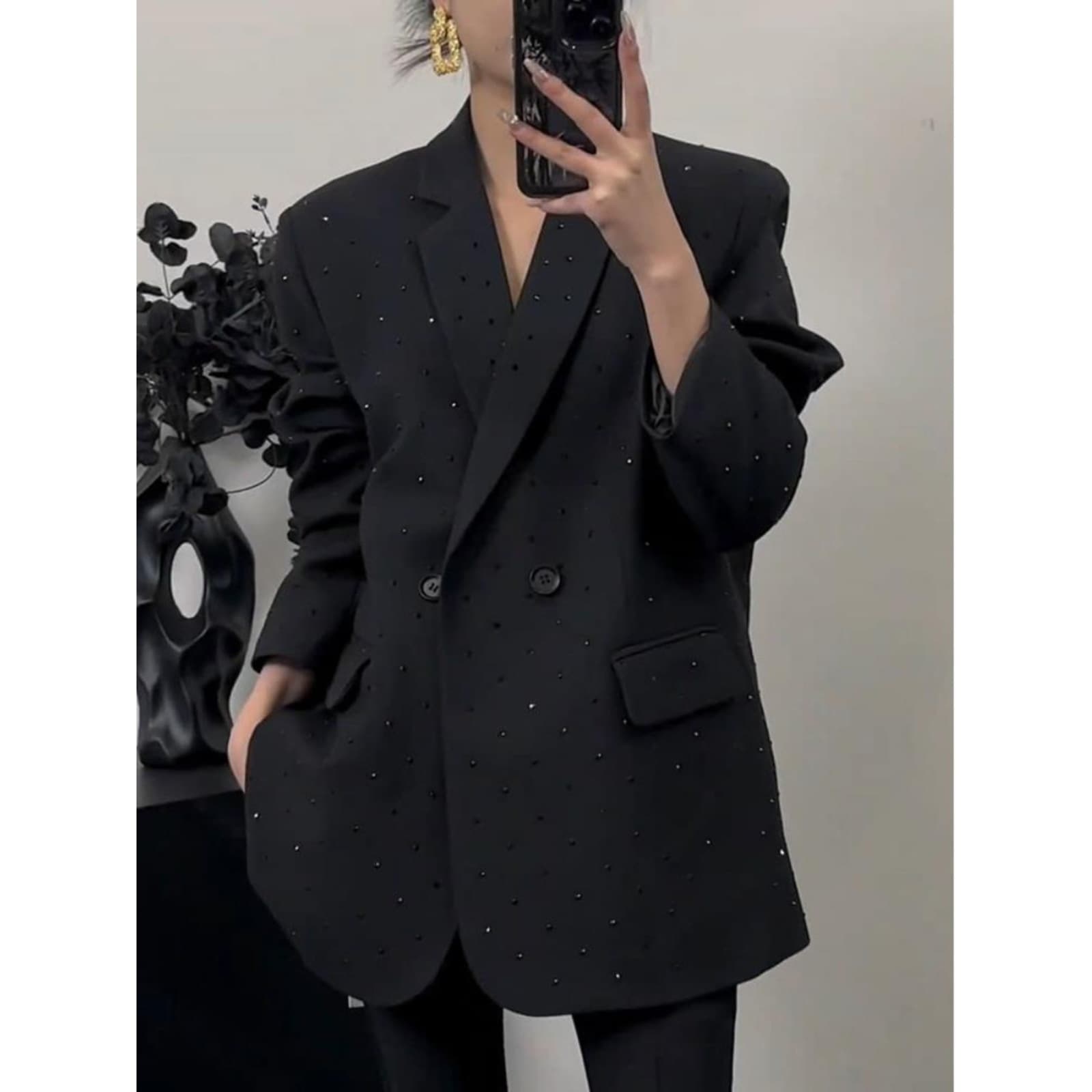 Diamond-Studded For Women, Heavy Craftsmanship, High-End Feel, New Wide Version, Mid-Length Shiny Black Blazer Top