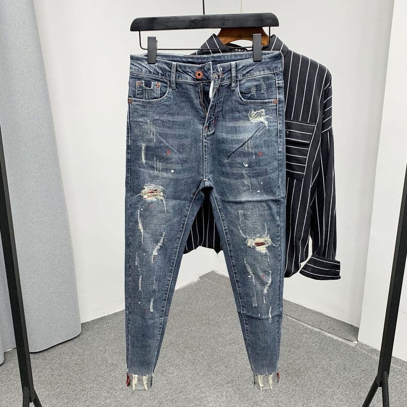 2023 Fashion Men's Pants Korean Style Jeans Washed With Cat Whisker Holes Colorful Paint Splatters Slim Trousers