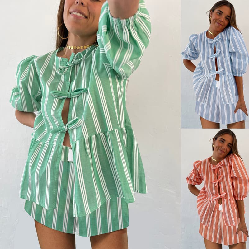 Women's Clothing Fashion Shorts Suit Beach Leisure Tie Striped Short Sleeved Shorts Suit