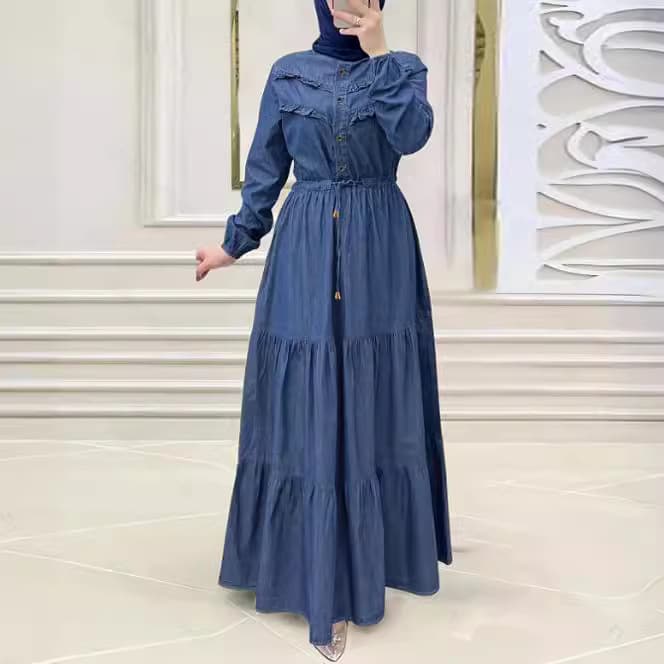 Women's Clothing new solid color button long fashionable and elegant waist sleeve Muslim dress