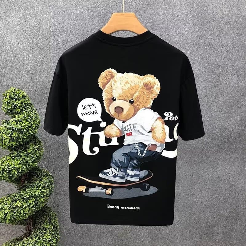 Men's Bear Print T-Shirt Round Neck Short Sleeve Casual Wear Trendy Versatile Youth Style Cartoon Anime Versatile Half Sleeve