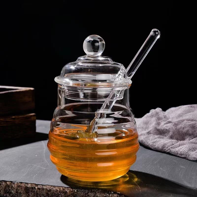 Glass Honey Jar With Wooden Dipper - Airtight Lid Elegant Storage For Honey Jam & Spreads (Dishwasher Safe 12OZ Capacity)