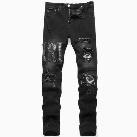 Jean noir déchiré pour homme, coupe slim tendance, pantalon long décontracté et polyvalent avec fermeture éclair aux genoux, style motard.