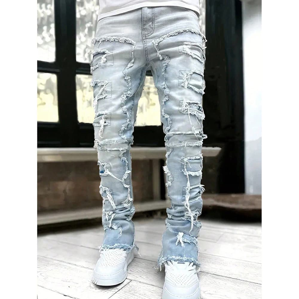 Men's Clothing Stretch Denim Jeans With Patchwork Layered Design - Straight Leg Casual Pants For Teens & Young Adults (Blue, Pink, Khaki, Black)​
