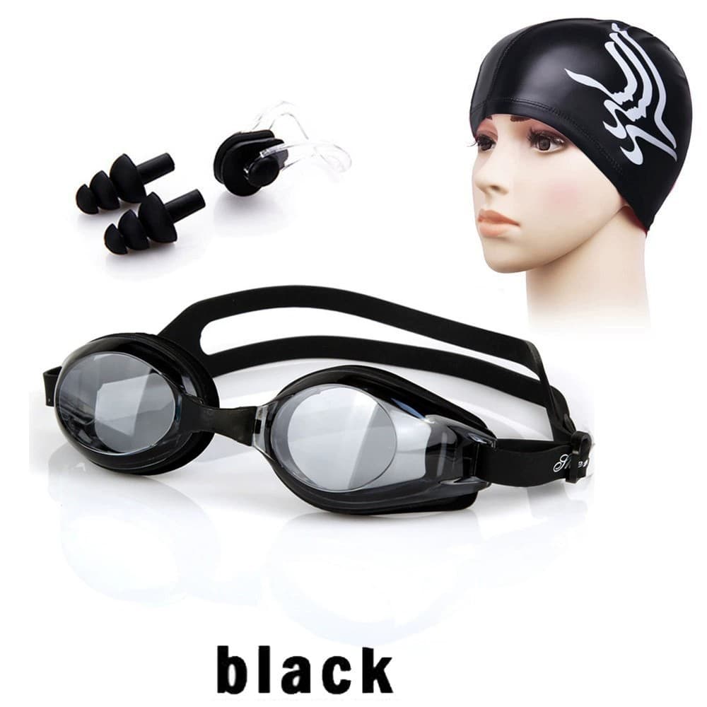 Swimming Suit Waterproof Goggles Silicone Swimming Goggles + Pu Swimming Cap + Silicone Nose Clip Earplugs Set