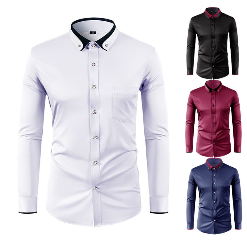 Men's Clothing four way stretch shirt men's color matching collar diamond button long sleeved shirt business casual men's shirt foreign trade