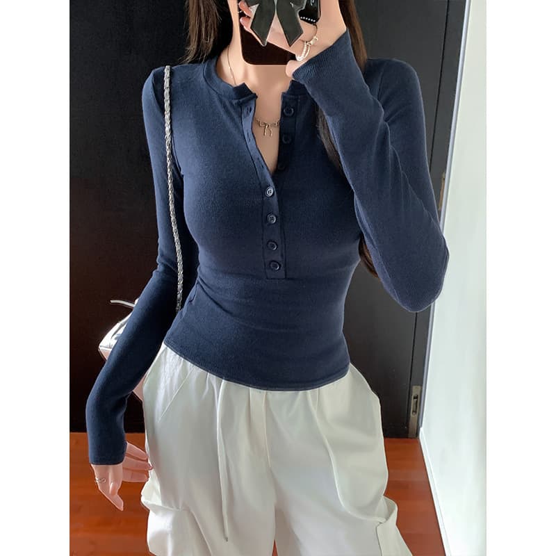 New Spring And Autumn Bottoming Shirt Skinny Inner Button-up Student Top Spice Girl Tight Front Shoulder Long-sleeved T-shirt