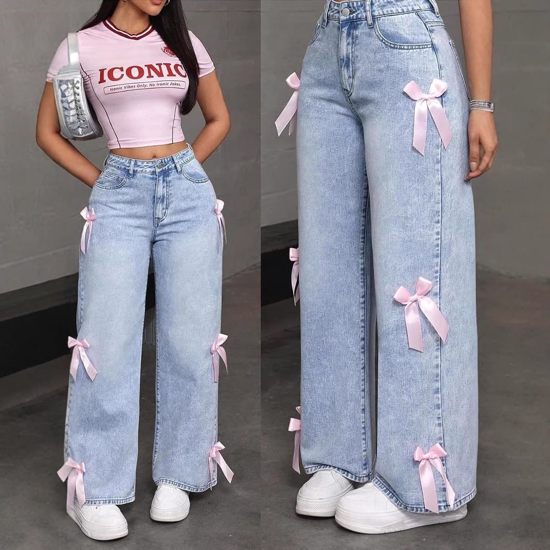 Women's Clothing Women's Bow Detail Straight Leg Jeans - High Waist Loose Wide Leg Pants For Casual Streetwear (Light Blue/ Dark Blue, Sizes 27-30)