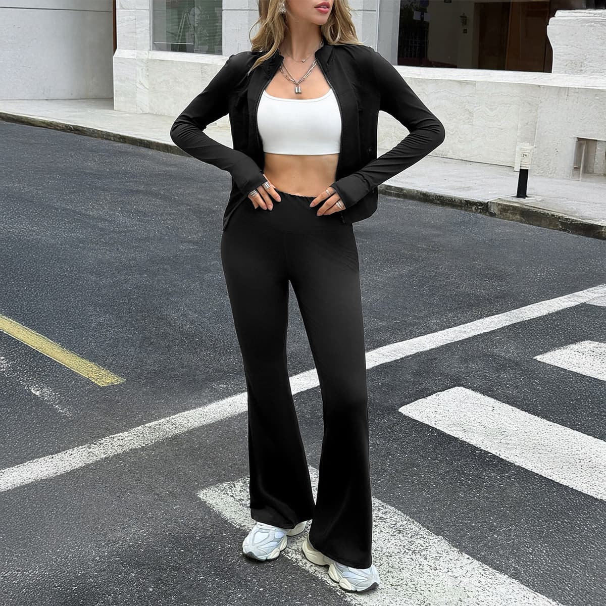 Women's Slim-Fit Long Sleeve Top & Tights Two-Piece Set - Stretchy Polyester Workout Outfit For Yoga, Running & Gym