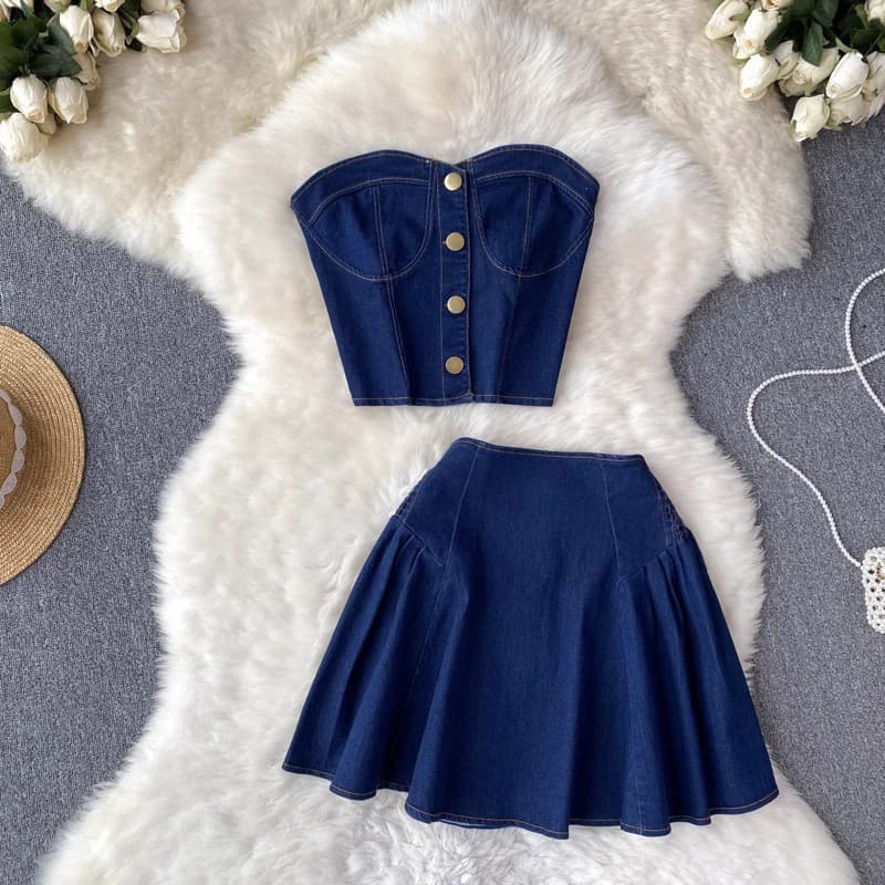 Sweet Cool Hot Girl Suit Skirt Women's Summer Short Denim Tube Bra Vest Top Two-piece Set High Waist A-Line Skirt