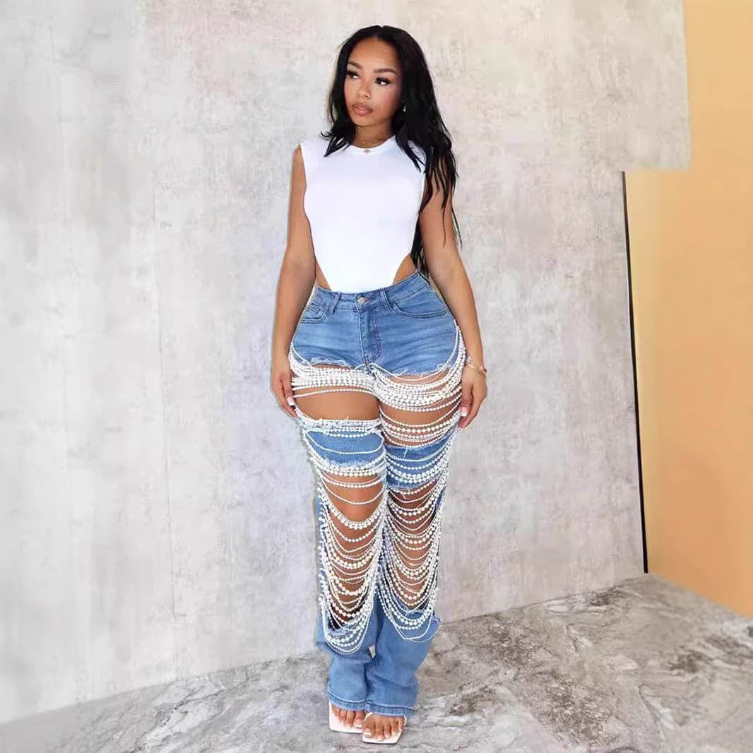 Women's Clothing Hot Girl Summer Pants Holes Heavy Beaded Beaded Stretch Jeans Trousers Women Jeans