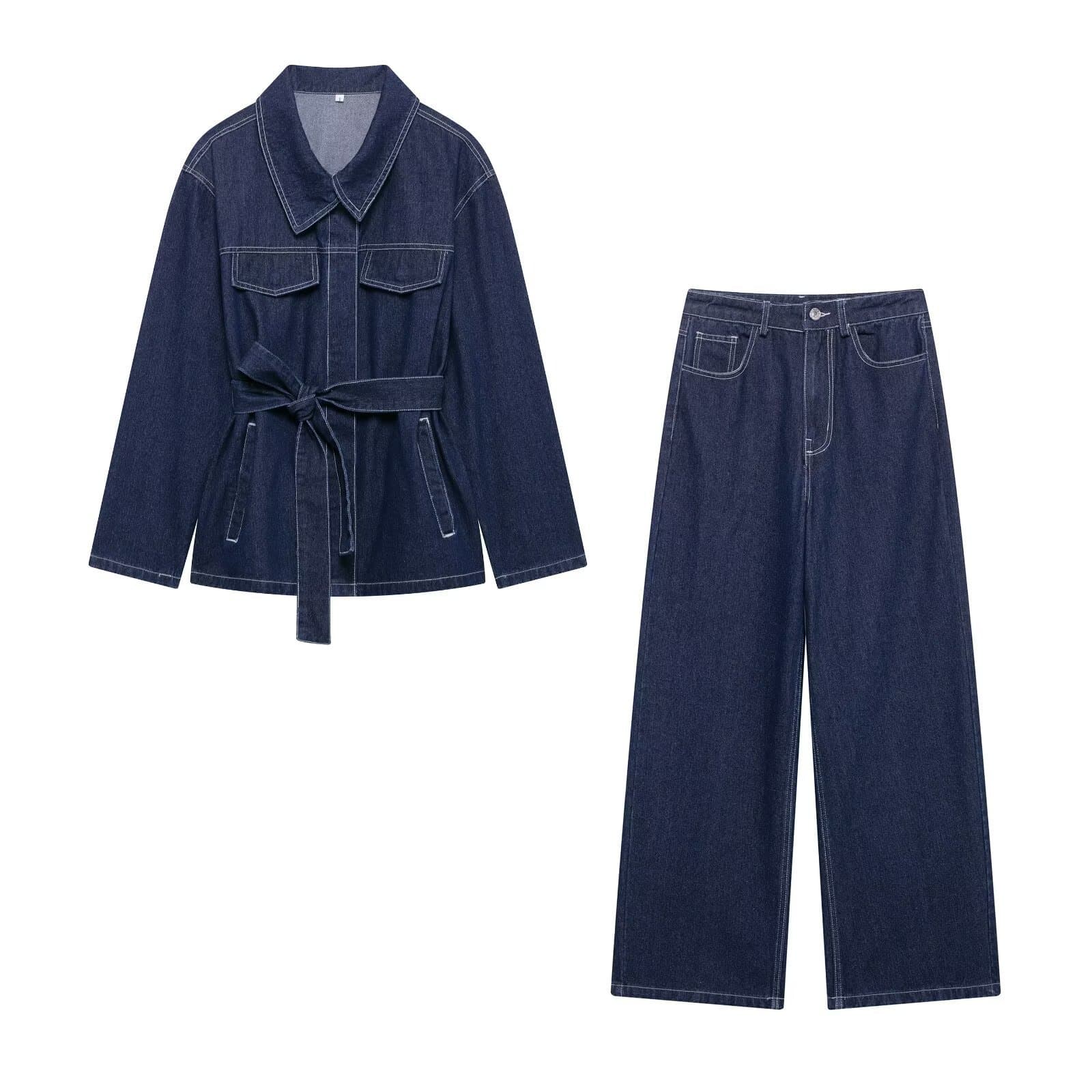 Women's Clothing Belt Lapel Jacket Denim Wide Leg Trousers