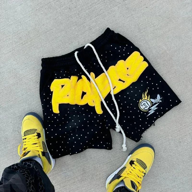 European American Letter Printing Loose Mens Street Fashion Shorts Hip-hop Jogging Casual Sports Pants 241230