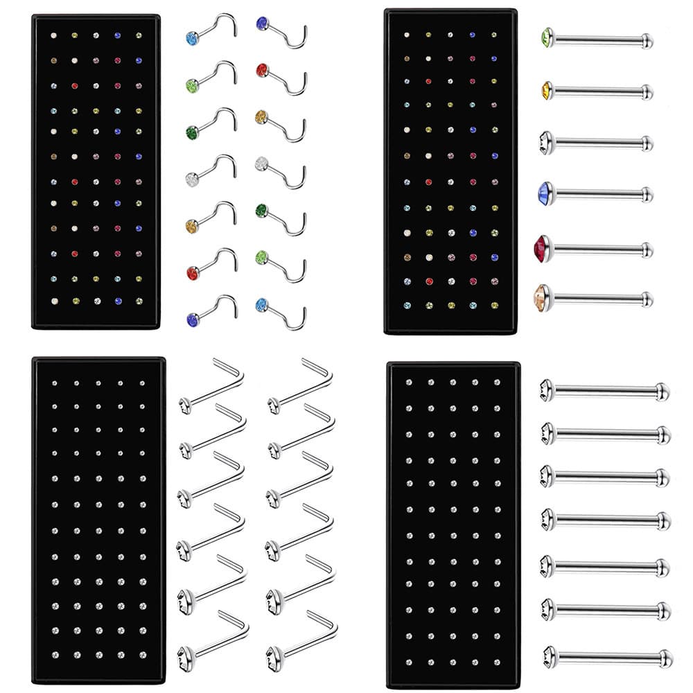 60 boxes of stainless steel L shaped nose studs 1.5/2.0/2.5 diamond studded curved rod nose ring piercing jewelry