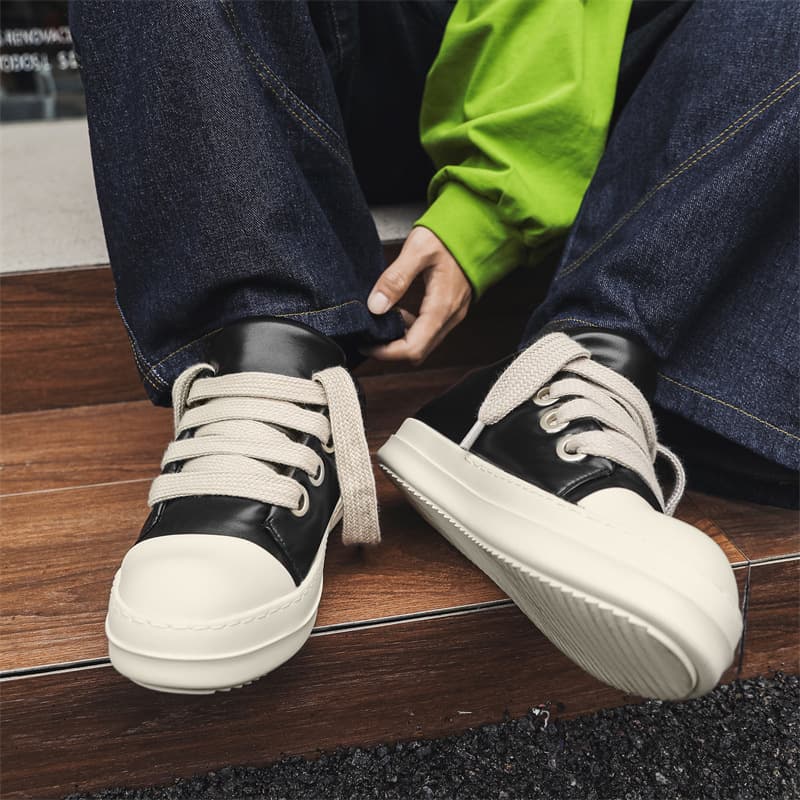 Trendy Black And White Men's Niche Design Rope Leather Thick Sole Height Increasing Board American High Street Bread