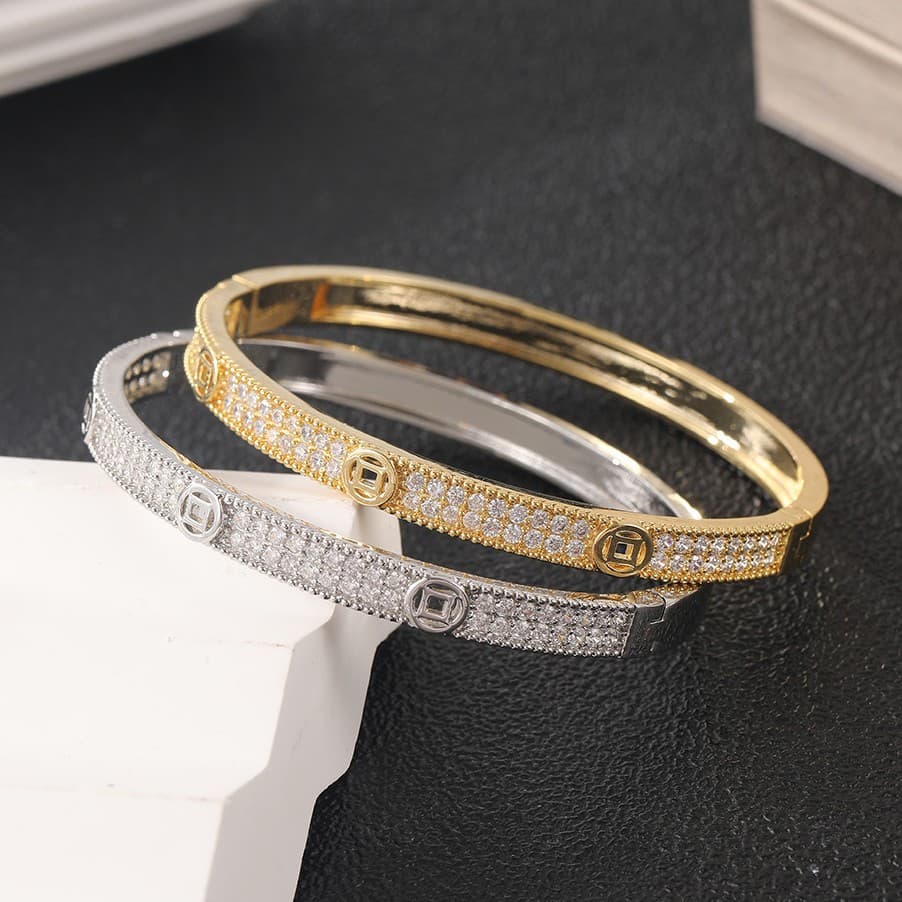 Bangles Starry Sky Bracelet Thickened Real Gold Electroplated Jewelry, Two Rows Of Diamonds And Full Diamond Bracelets