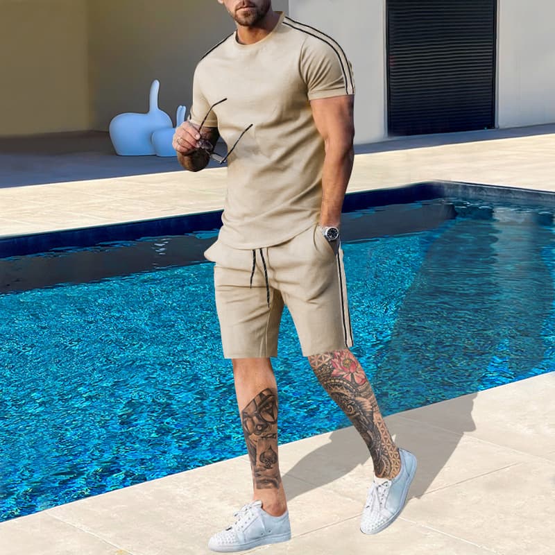 Spring And Autumn New Round Neck Shirt Short Sleeve Shorts Side Stripe Casual Fashion Men's 2 Piece Set