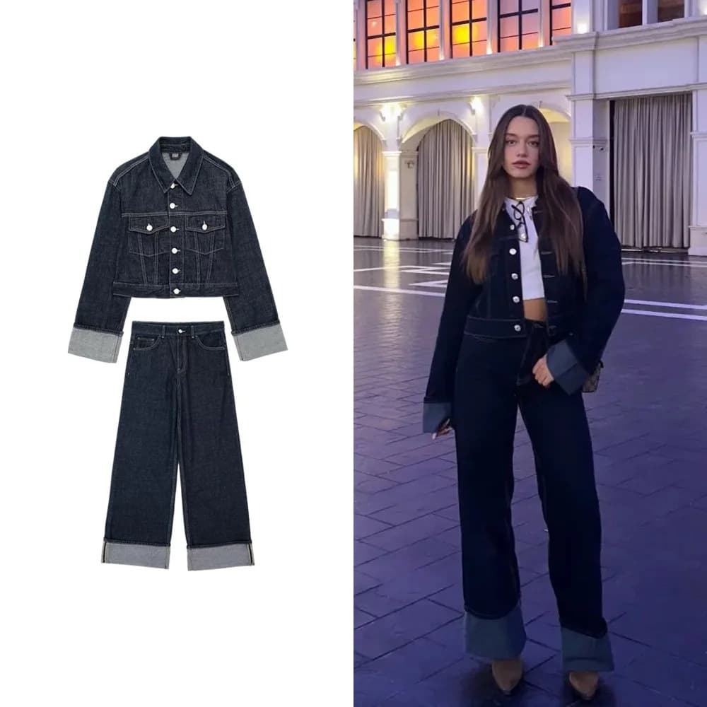 European And American Women's Clothing Hot Selling Denim Jacket Coat Flared Hem Pants Suit