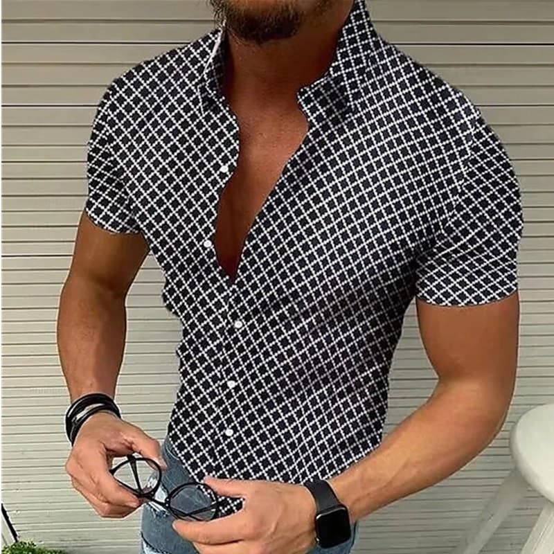 2023 Summer New Men's Checkered Short Sleeved Shirt Casual Oversized Lapel Top For Men