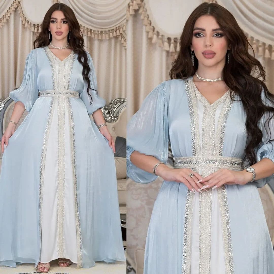 Women's press diamond light luxury dress abaya set bright silk satin three-piece dress