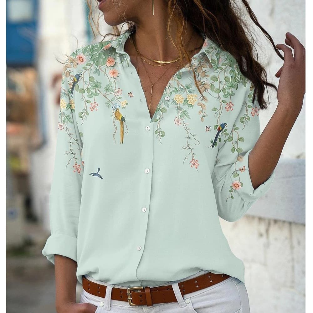 Women's Long Sleeved Single-Breasted Shirt Loose Lapel Printed Top Temperament Lady Blouse
