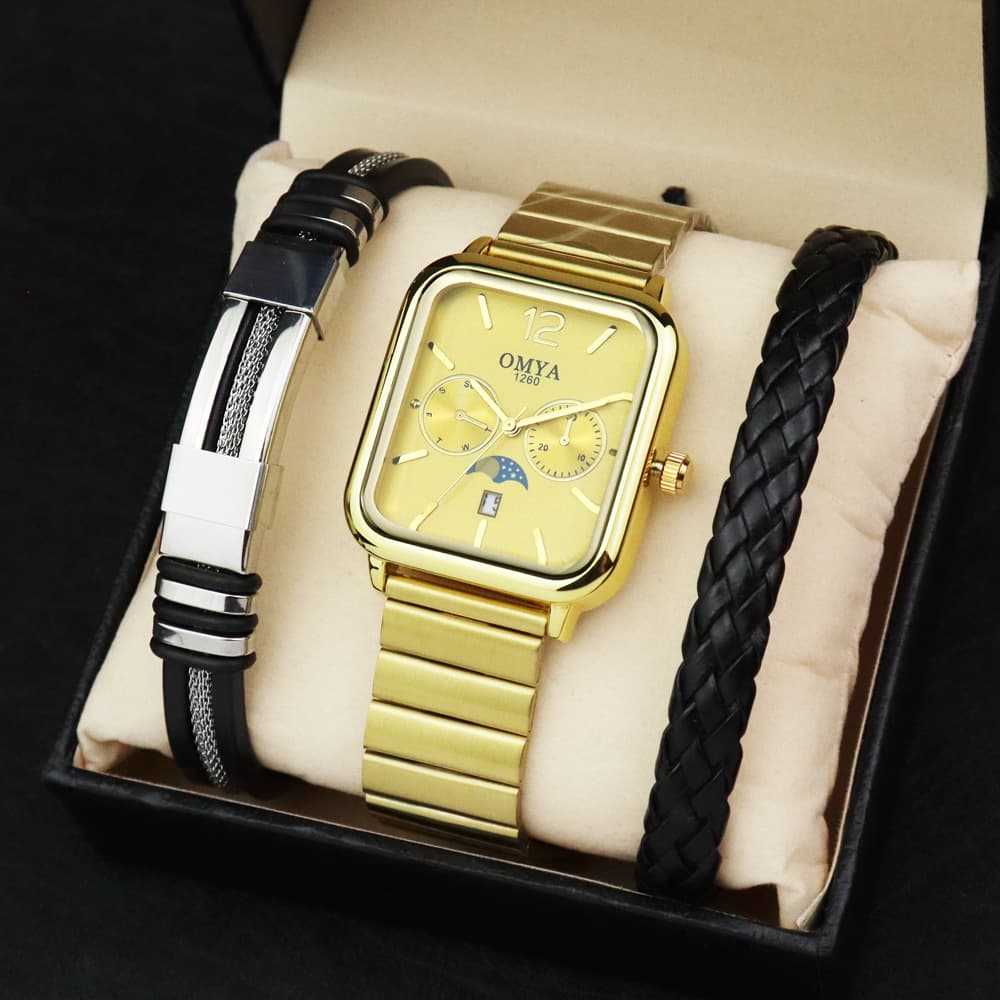4pcs Set Square Men's Watch Bracelet Box Set Waterproof Quartz Watch Set
