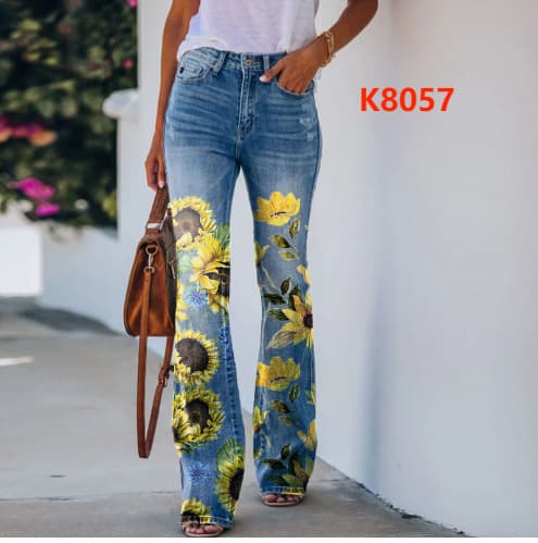 Women's clothing large size women's casual pants denim bell-bottom pants floral pants