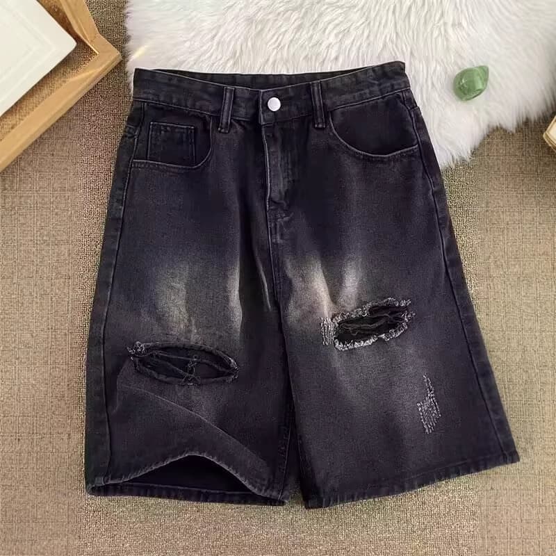 Men's Ripped Denim Shorts Summer Thin Straight Leg Casual Five Point Pants High Street Trend Style