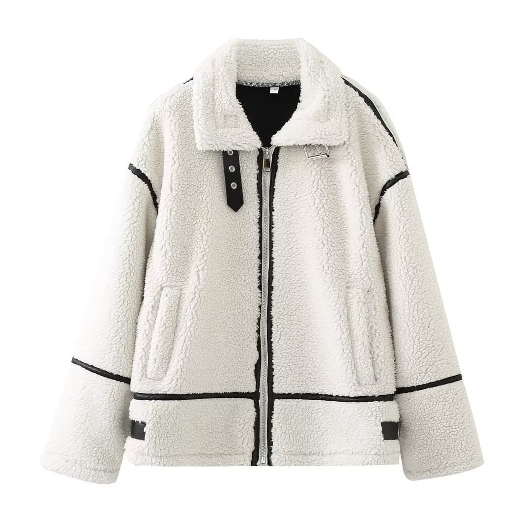 Women's Clothing Patchwork Fleece Jacket For Women - Trendy Oversized Streetwear Coat With Stand Collar & Zip Closure