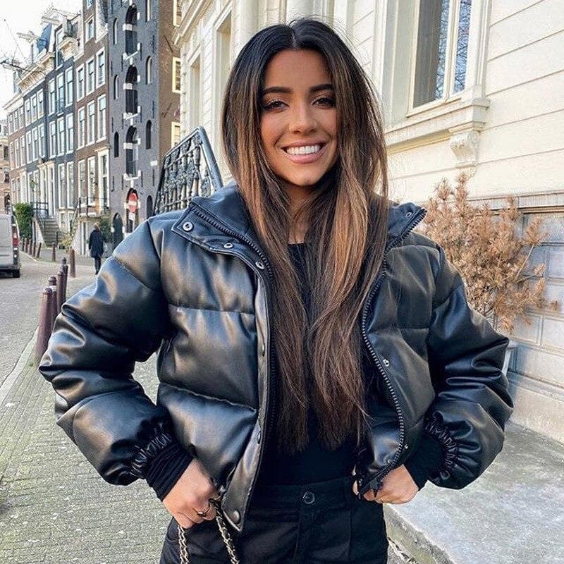 ​​Women's PU Leather Puffer Jacket - Short Stand Collar Winter Coat, Quilted Bomber With Warm Thinsulate, Streetwear Outerwear