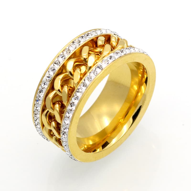 Stainless Steel Fashionable Diamond Studded Double Row Diamonds, Chain Titanium Steel Rings, Vacuum Plated Noble Rings