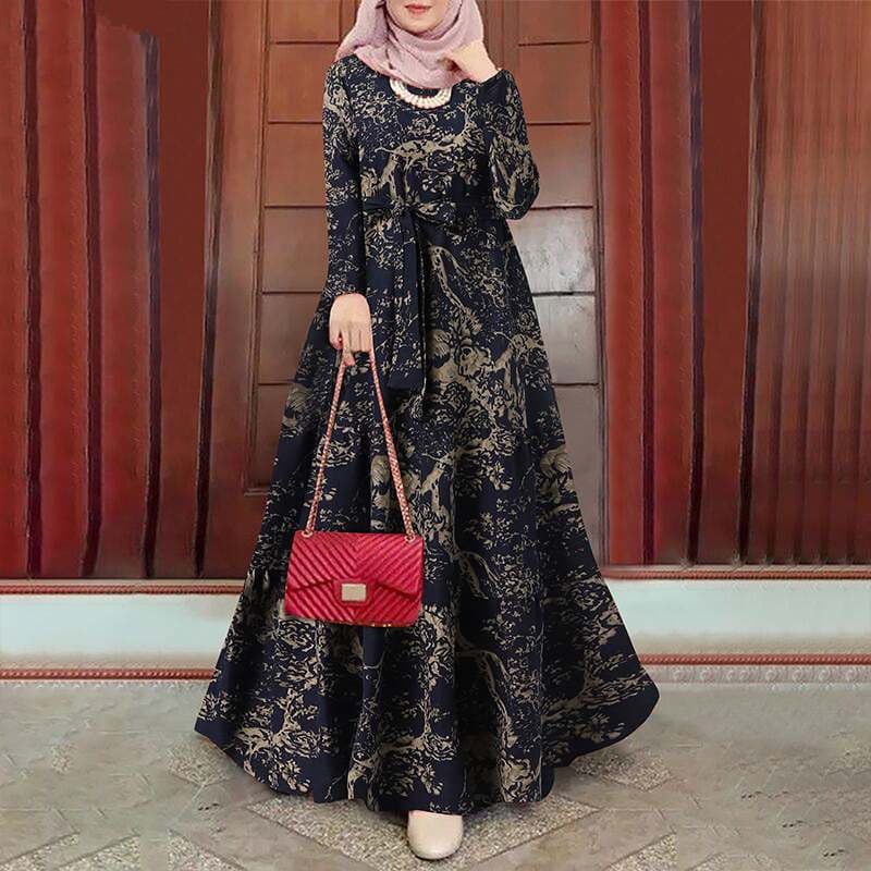 Women's plus size women's cotton and linen dress long skirt retro printed pullover robe dress