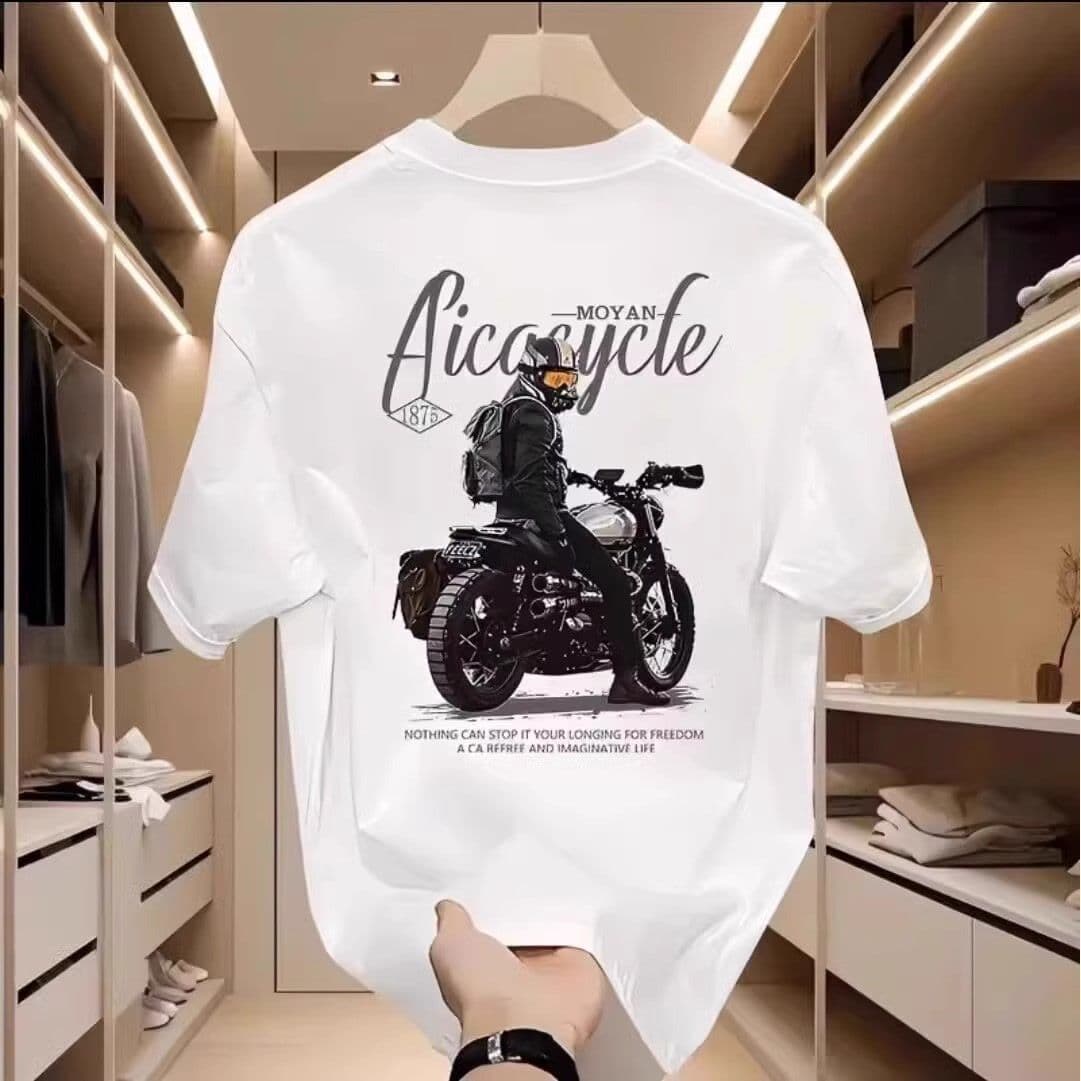 Men's Clothing short sleeved T shirt for men in summer pure cotton retro motorcycle print straight shoulder round neck short sleeved T shirt for men