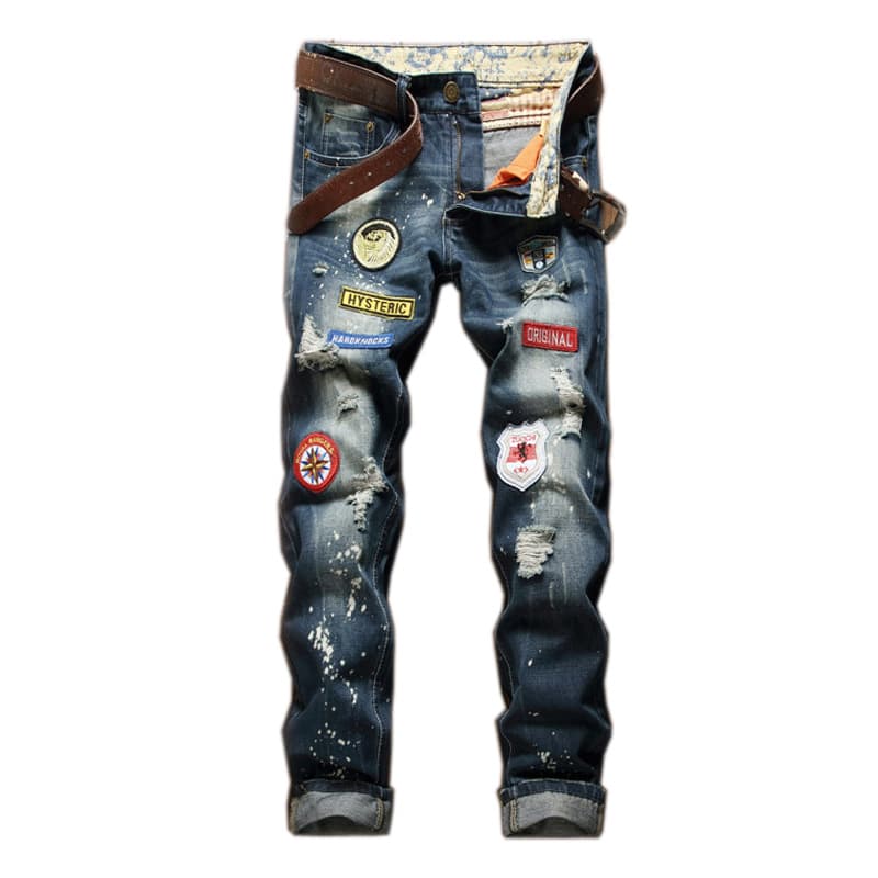 Man's clothing Ripped jeans badge Straight slim jeans splash-ink old hipster pants