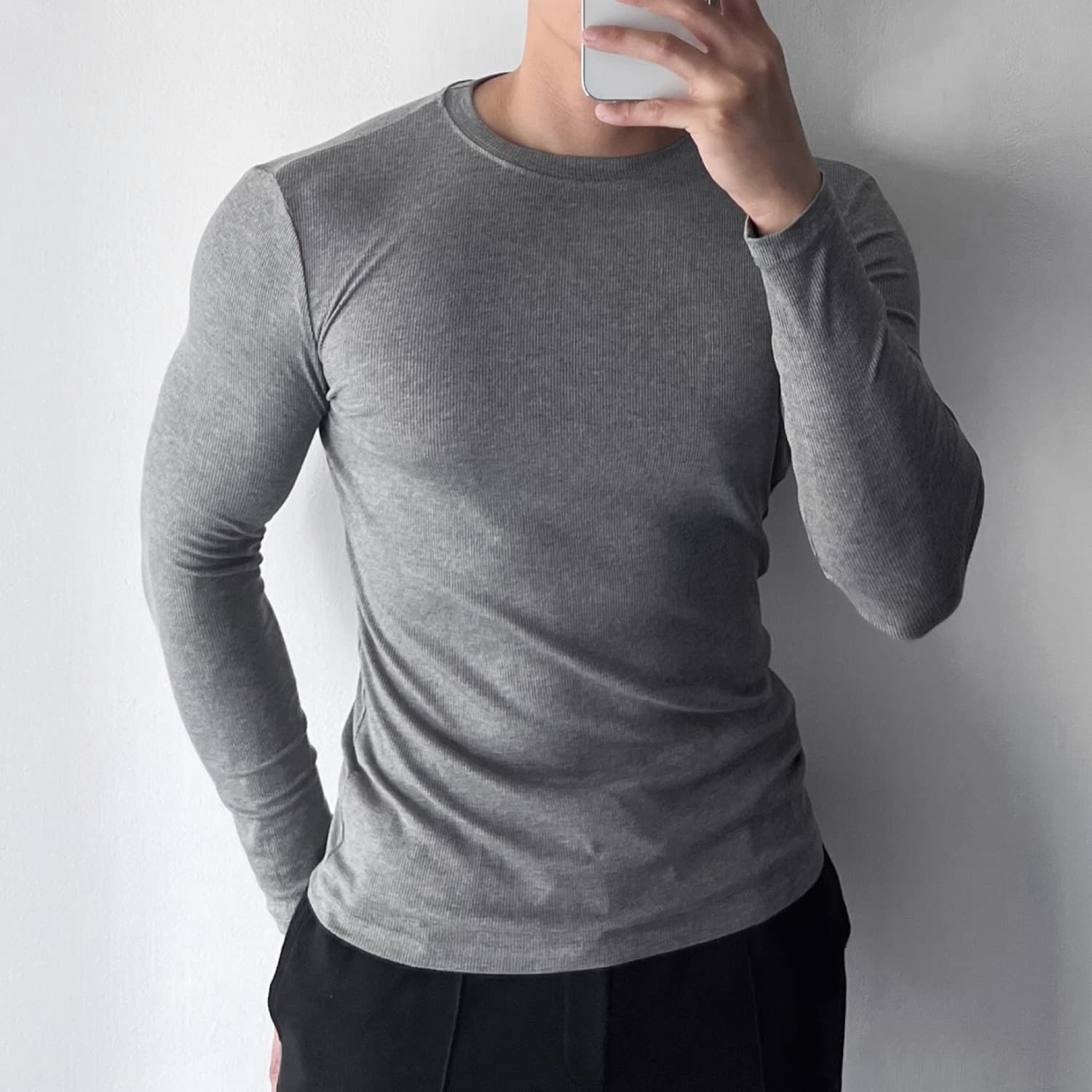 Men's Slim Fit Long Sleeve Workout T-Shirt – Stretchy Polyester Gym Top For Running, Training & Casual Wear (Black/White/Light Grey)