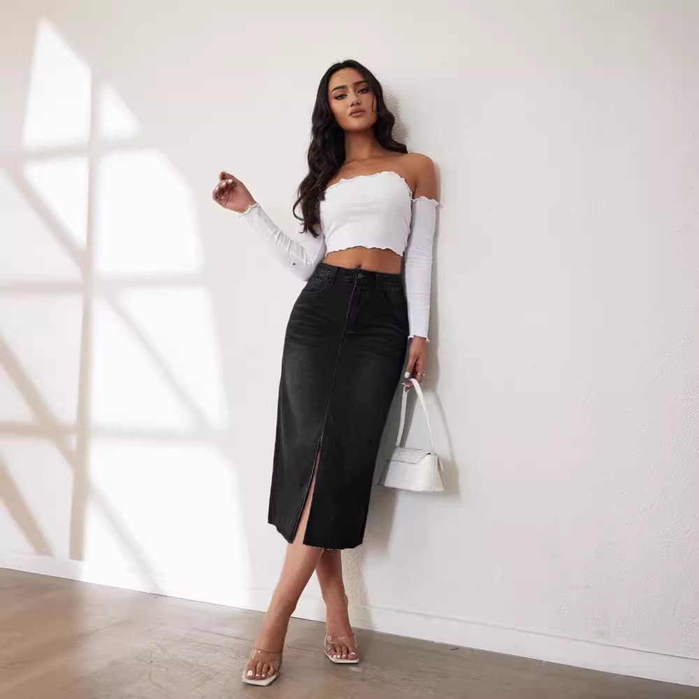 Women's Clothing Retro Non Elastic Half Length Denim Skirt Women's Mid Length Slit Half Skirt