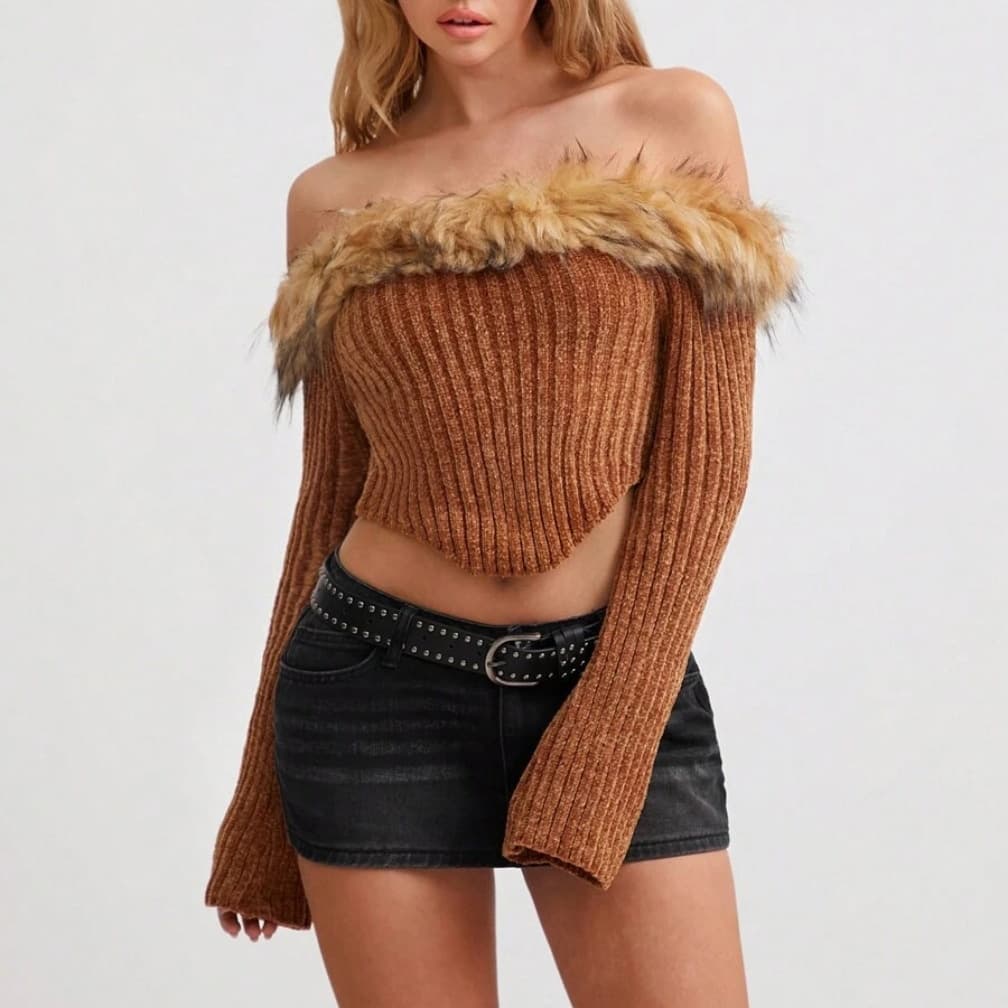 European And American Autumn Winter High-End Off-Shoulder Fur Collar Knitted Top Versatile Y2K Hot Girl Irregular Long