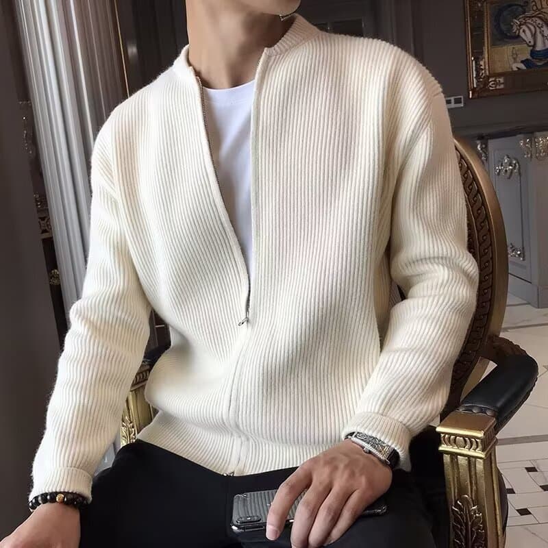 ​​Double-Zip Knit Cardigan – Slim-Fit V-Neck Pullover For Men (M-3XL, Grey/Black/Beige)​​