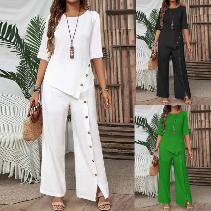Women's Elegant Fashion Casual Two Piece Suit Irregular Hem Trousers With Button Half Sleeve Shirt Loose Fit 2026