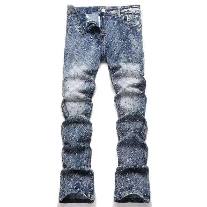 Men's Heavy Duty Rhinestone Jeans High Waist Slim Fit Floor Length Long Pants Versatile Slight Flare Spring Autumn