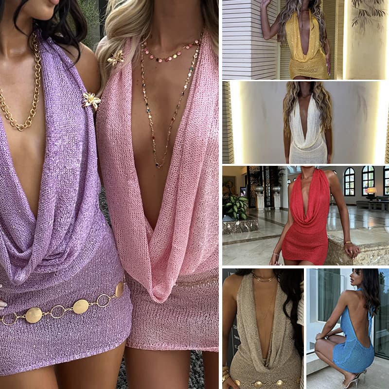 Crochet Cover Up Nightclub Sexy Sequined Backless Halter Neck Fashion Beach Cover Up Bodycon Skirt