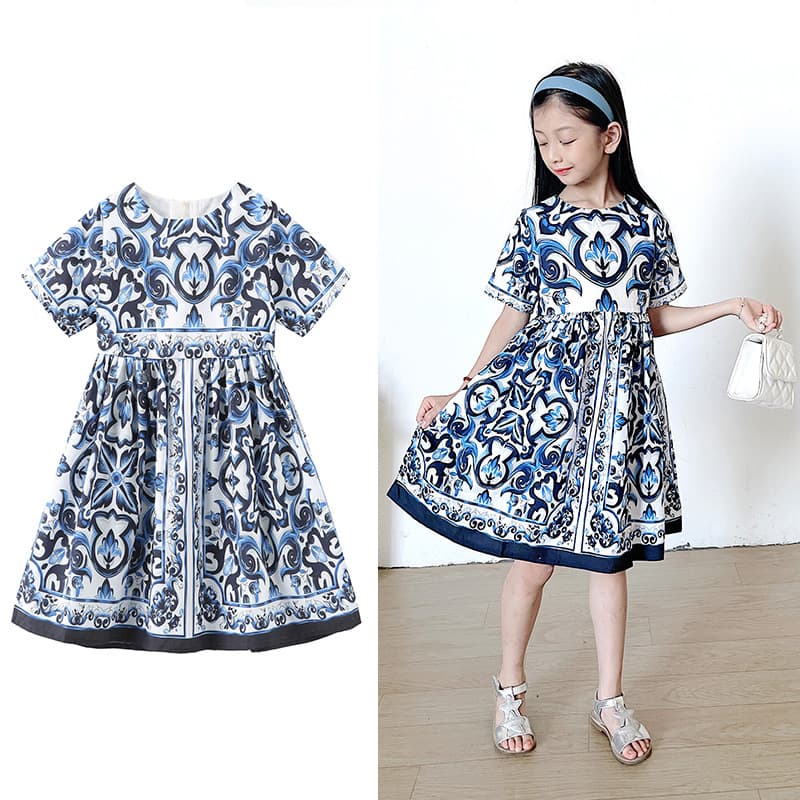 Mother & Kids Children's Clothes Children's Skirt Girls' Blue And White Porcelain Dress Sleeveless Slip Dress