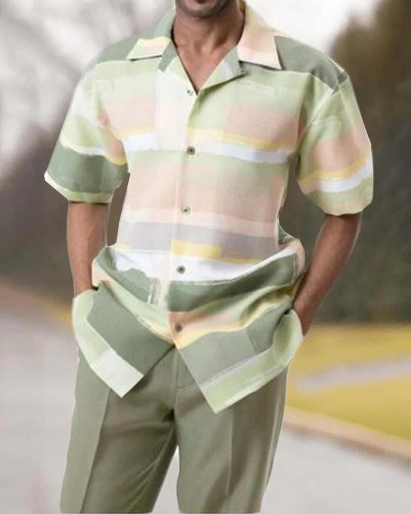 Men's Casual Beach Wind Shirt Suit 3D Printing Loose Short-Sleeved Shirt Trousers Suit