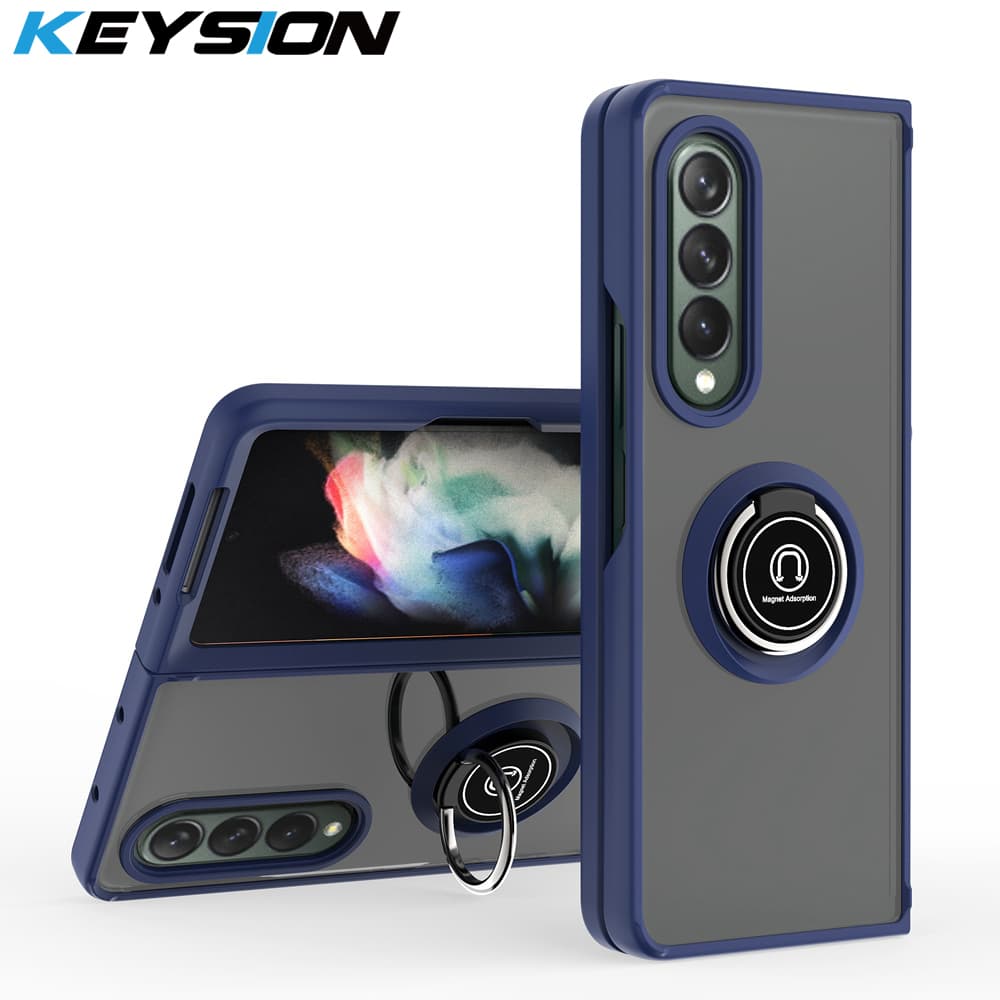 KEYSION Fashion Matte Case for Samsung Z Fold 3 5G Transparent Ring Stand Shockproof Phone Back Cover for Galaxy Fold 3