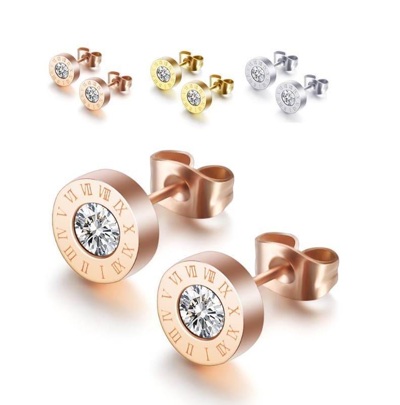 Fashion Round Anti-allergy Titanium Steel Roman Numeral Stud Earrings for Women Men Crystal Stainless Steel Earrings Jewelry