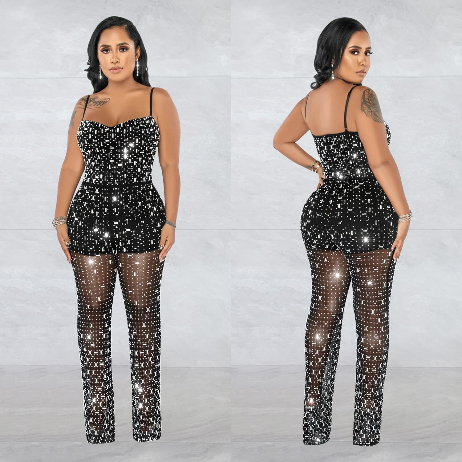 Women’s Clothing fashion women's hot diamond mesh suspenders sleeveless trousers jumpsuit